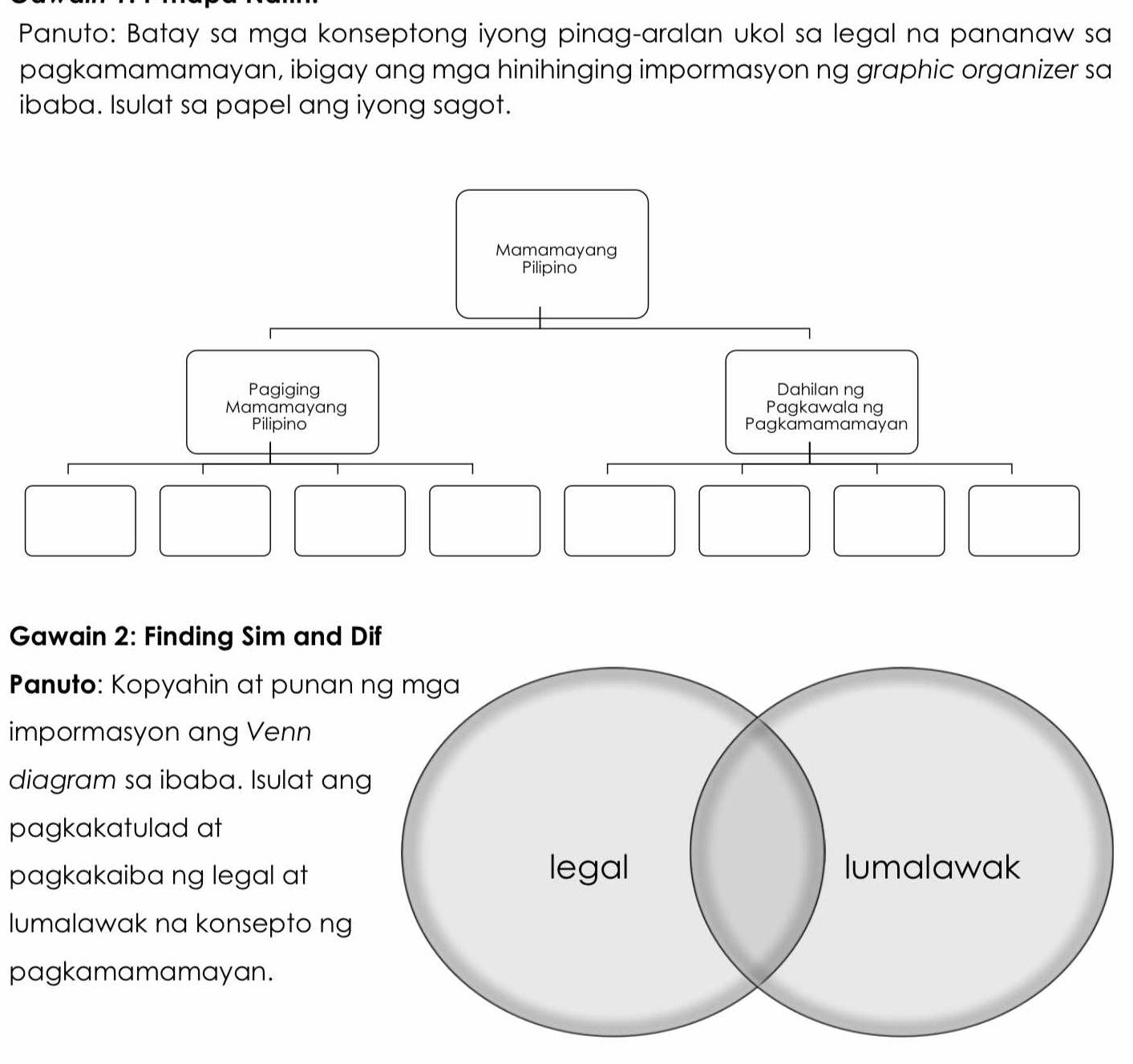 Panuto: Batay sa mga konseptong iyong pinag-aralan ukol sa legal na pananaw sa 
pagkamamamayan, ibigay ang mga hinihinging impormasyon ng graphic organizer sa 
ibaba. Isulat sa papel ang iyong sagot. 
Gawain 2: Finding Sim and Dif 
Panuto: Kopyahin at punan 
impormasyon ang Venn 
diagram sa ibaba. Isulat an 
pagkakatulad at 
pagkakaiba ng legal at 
lumalawak na konsepto ng 
pagkamamamayan.