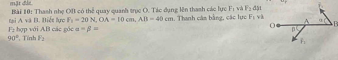 mặt đất.
Bài 10: Thanh nhẹ OB có thể quay quanh trục O. Tác dụng lên thanh các lực F_1 và F_2 đặt
tại A và B. Biết lực F_1=20N,OA=10cm,AB=40cm. Thanh cân bằng, các lực F_1 và
F_2 hợp với AB các góc alpha =beta =
90°. Tính F_2