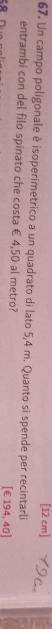 [12 cm]
67. Un campo poligonale è isoperimetrico a un quadrato di lato 5,4 m. Quanto si spende per recintarli 
entrambi con del filo spinato che costa € 4,50 al metro?
[∈ 194,40]