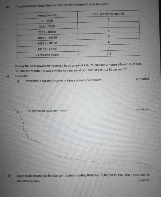 The table below shows how income tax was charged in a certain year. 
During the year Mwadime earned a basic salary of Ksh. 25,200 and a house allowance of Ksh.
12,600 per month. He was entitled to a personal tax relief of Ksh. 1,162 per month. 
a) Calculate: 
i) Mwadime’s taxable income in Kenya pounds per annum. 2 marks 
The net tax he pays per month. 6 marks 
b)/ Apart from income tax he also contributes monthly NHIF Ksh. 1600, WCPS Ksh. 1000. Calculate his 
net monthly pay. 2 marks