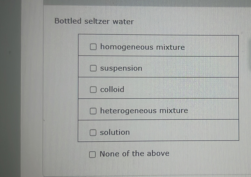 Bottled seltzer water
None of the above