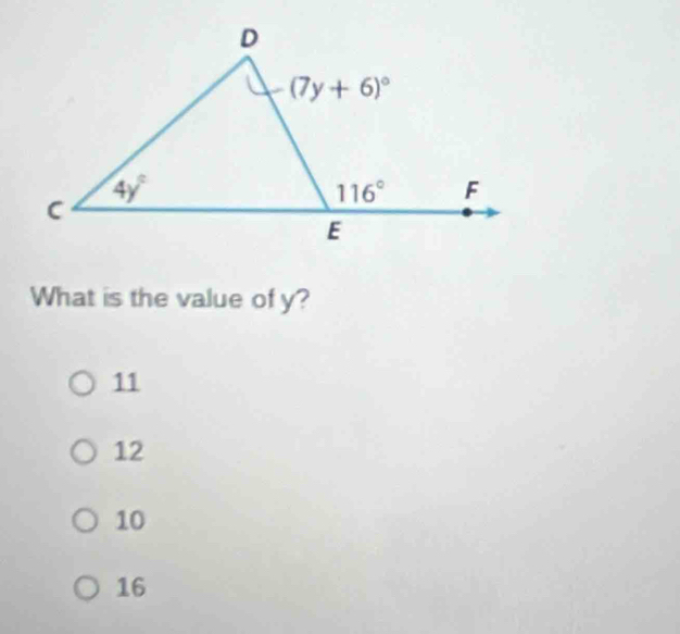 What is the value of y?
11
12
10
16