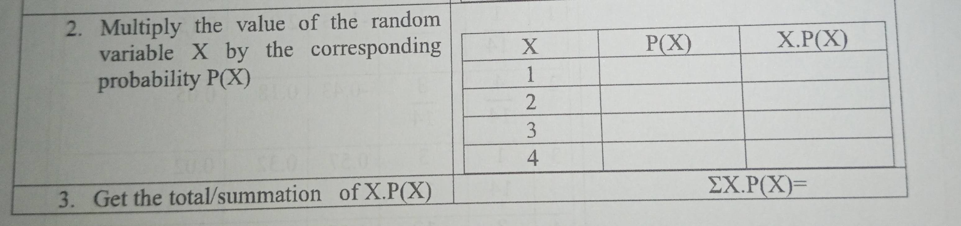 Multiply the value of the rando
variable X by the correspondin
probability P(X)
3. Get the total/summation of X. P(X)