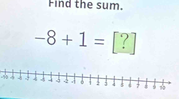 Find the sum.
-8+1= ?
-10