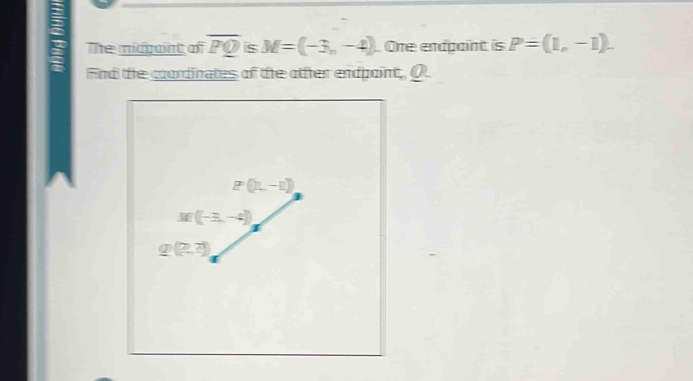 The midpaint of overline PQ s M=(-3,-4) One endpaint is P=(1,-1).
Fnd the coordinates of the other endpoint, Q.