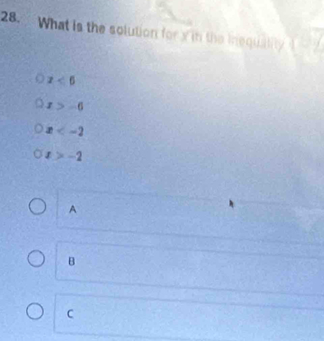 What is the solution for x in the inequality
x<6</tex>
x>-6
x
x>-2
A
B
C