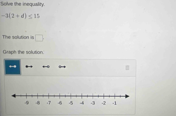 Solve the inequality.
-3(2+d)≤ 15
The solution is □ . 
Graph the solution.