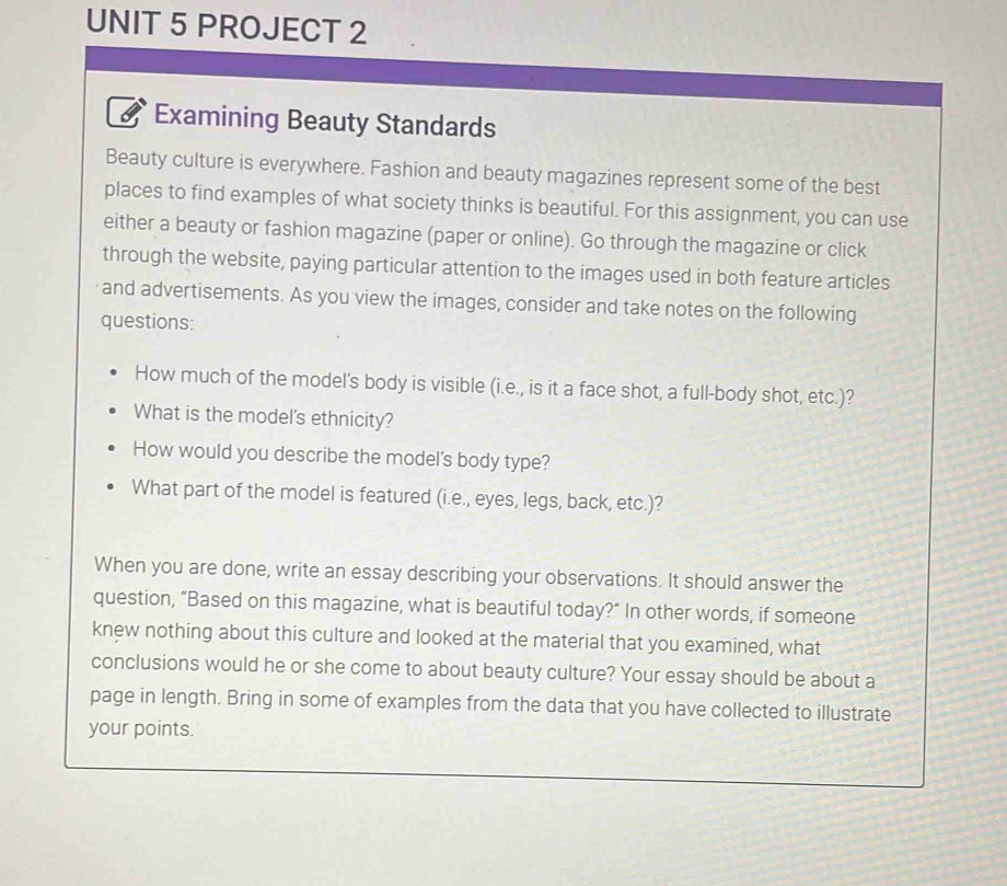 Solved: PROJECT 2 Examining Beauty Standards Beauty culture is ...