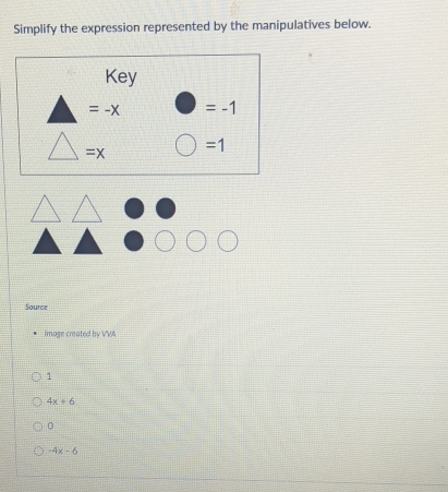 Simplify the expression represented by the manipulatives below.
Key
=-x =-1
=x
=1
Source
image created by VVA
1
4x+6
0
-4x-6