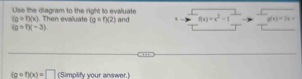 Use the diagram to the right to evaluate
(gcirc f)(x). Then evaluate (gcirc f)(2) and x f(x)=x^2-1 g(x)=3x+
(gcirc f)(-3).
(gcirc f)(x)=□ (Simplify your answer.)