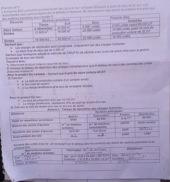 Exercice K' :
L'entreprise BAC produit et commercialiser des sacs et des cartables fabriqués à partir de fissu et de cuir. Les
tableau ci-dessous, les mouvements des stocks de produits finis ainsi que
Sachant que :
Les charges de distribution sont constituées uniquement par des charges indirectes
Le stock final de tissu est de 4000m^2
Sachant que l'entreprise adopte la méthode de CMUP fin de période avec cumul de stock initial pour la gestion
comptable de tous ses stocks
Travail à faire :
1) Déterminez le stock initial en quantité de fissu
2) Achever le tableau de répartition des chârges indirectes ainsi que le tableau de calcul des nombres des unîtes
d'œuvres Annexe N°
Pour le produit fini cartable : Sachant que le prix de vente unitaire 40 DT
3) Calculez :
a- Le coût de production unitaire d'un cartable vendu
b-Son coût de revient
c-La marge bénéficiaire et le taux de rentabilité réalisée
Pour le produit fini sac :
> Le cout de production d'un sac 43,750 DT
La marge bénéficiaire représente 20% du coût de revient d'un sac
4) Calculez le coût de revient d'un sac et son prix de vente
rectes
mbre des unités d'œuvre : en se basant sur le tableau des mouvements des stocks de matières premières et de