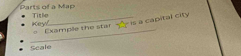 Parts of a Map 
Title_ 
Key 
is a capital city 
_。 Example the star 
Scale