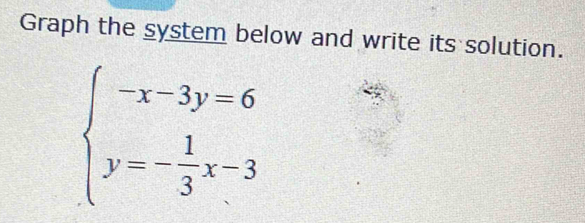 Graph the system below and write its solution.
beginarrayl -x-3y=6 y=- 1/3 x-3endarray.