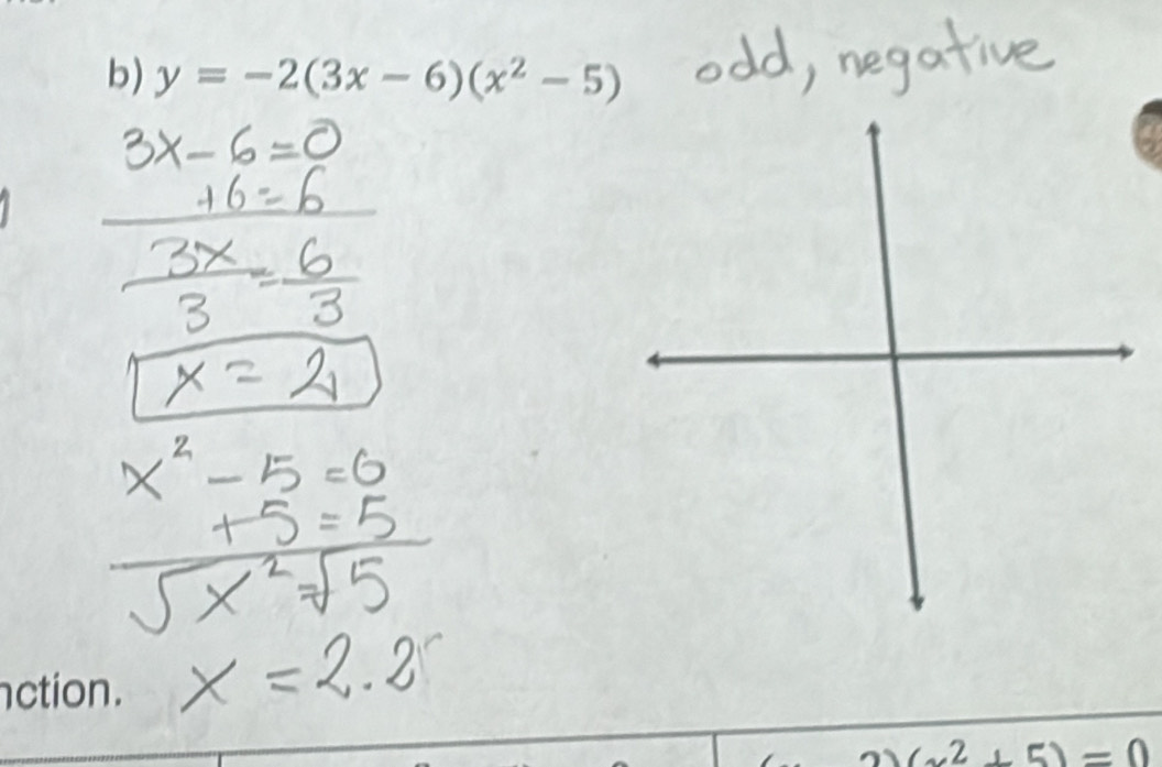 y=-2(3x-6)(x^2-5)
ction.
(x^2+5)=0