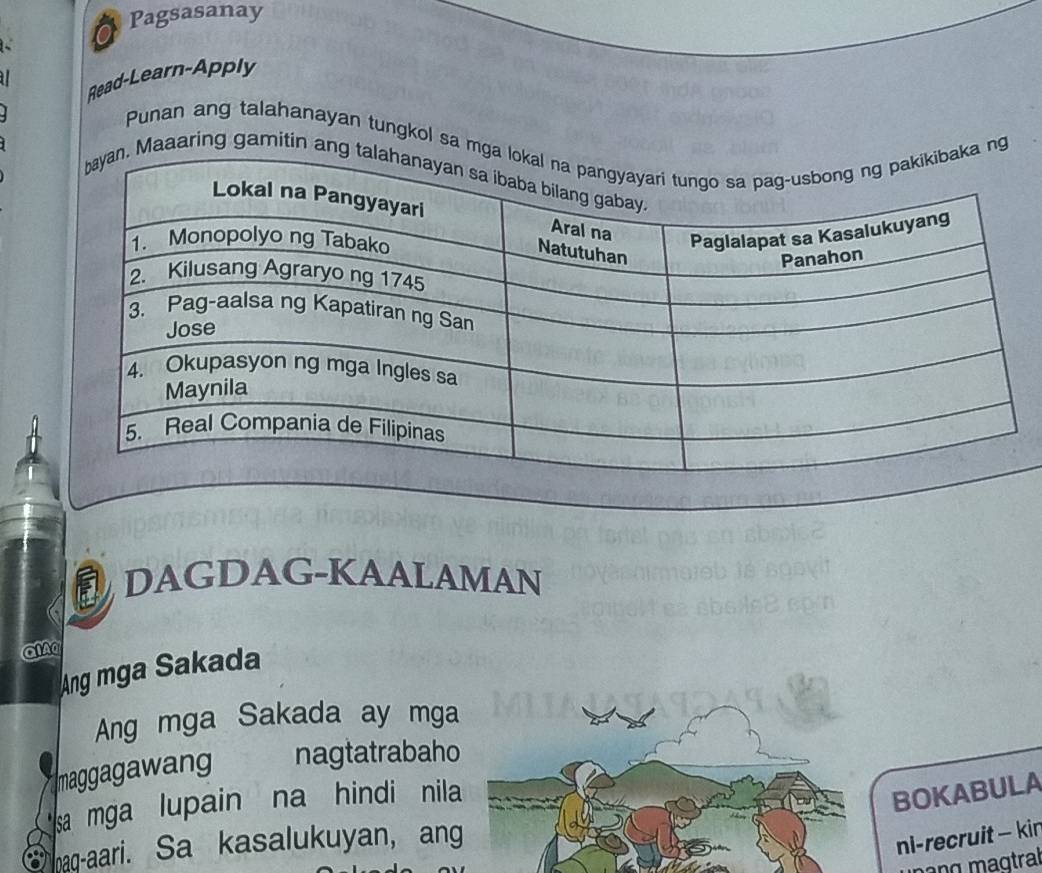 Pagsasanay 
Read-Learn-Apply 
Punan ang talahanayan tungkol sa g 
aaaring gamitin a 
DAGDAG-KAALAMAN 
CA 
Ang mga Sakada 
Ang mga Sakada ay mga 
maggagawang nagtatrabaho 
sa mga lupain na hindi nila 
BOKABULA 
paq-aari. Sa kasalukuyan, ang 
ni-recruit - kin 
g magtral