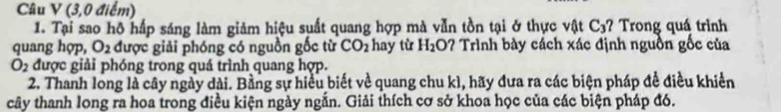 (3,0 điểm) 
1. Tại sao hô hấp sáng làm giảm hiệu suất quang hợp mà vẫn tồn tại ở thực vật C_3 ? Trong quá trình 
quang hợp, O_2 được giải phóng có nguồn gốc từ CO_2 hay từ H_2O 7 Trình bày cách xác định nguồn gốc của
O_2 được giải phóng trong quá trình quang hợp. 
2. Thanh long là cây ngày dài. Bằng sự hiểu biết về quang chu kì, hãy đưa ra các biện pháp để điều khiển 
cây thanh long ra hoa trong điều kiện ngày ngắn. Giải thích cơ sở khoa học của các biện pháp đó.