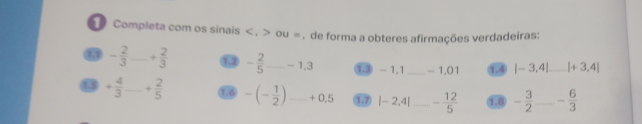 Completa com os sinais < , > ou = , de forma a obteres afirmações verdadeiras:
- 2/3  _ + 2/3 
1.2 - 2/5  _ - 1,3
1.3 - 1,1 _ - 1,01 1.4 |-3,4| _ |+3,4|
13 + 4/3  _ + 2/5  -(- 1/2 ) _ + 0,5 ⑰ |-2,4| - 12/5  ①. 8 - 3/2  _ - 6/3 
1.6