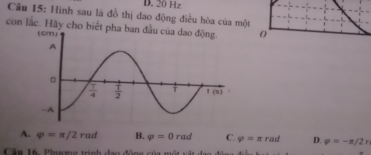 D. 20 Hz
Câu 15: Hình sau là đồ thị dao động điều hòa của một
con lắc. Hãy cho biết pha ba
A. varphi =π /2rad B. varphi =0rad C. varphi =π rad D. varphi =-π /2r
Câu 16. Phượng trình dạo động của một vật dạo động