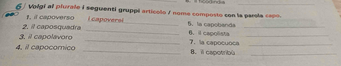 il ficodindia_ 
6 | Volgi al plurale i seguenti gruppi articolo / nome composto con la parola capo. 
1. il capoverso i capoversi_ 5. la capobanda 
2. il caposquadra _6. il capolista__ 
3. il capolavoro _7. la capocuoca_ 
4. il capocomico _8. il capotribù_