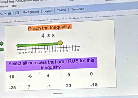 Graphing inequalities 
nsions Help 
Background Layout Theme Transition 
Graph the Inequality
4≥ x
_