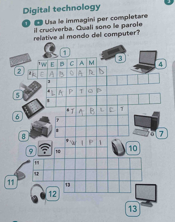 Digital technology 3 
1 Usa le immagini per completare 
il cruciverba. Quali sono le parole 
relative al mondo del computer? 
1