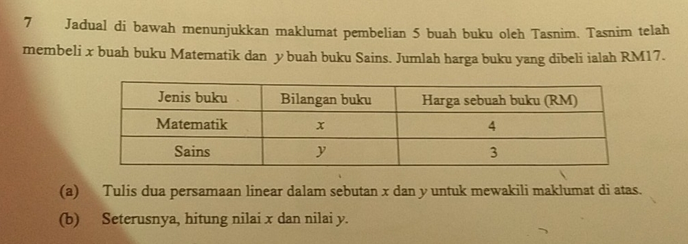 Jadual di bawah menunjukkan maklumat pembelian 5 buah buku oleh Tasnim. Tasnim telah 
membeli x buah buku Matematik dan y buah buku Sains. Jumlah harga buku yang dibeli ialah RM17. 
(a) Tulis dua persamaan linear dalam sebutan x dan y untuk mewakili maklumat di atas. 
(b) Seterusnya, hitung nilai x dan nilai y.