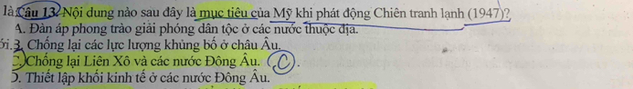 là Câu 13: Nội dung nào sau đây là mục tiêu của Mỹ khi phát động Chiên tranh lạnh (1947)?
A. Đàn áp phong trào giải phóng dân tộc ở các nước thuộc địa.
ới.3. Chống lại các lực lượng khủng bố ở châu Âu.
Chống lại Liên Xô và các nước Đông Âu. ()
5. Thiết lập khối kinh tế ở các nước Đông Âu.