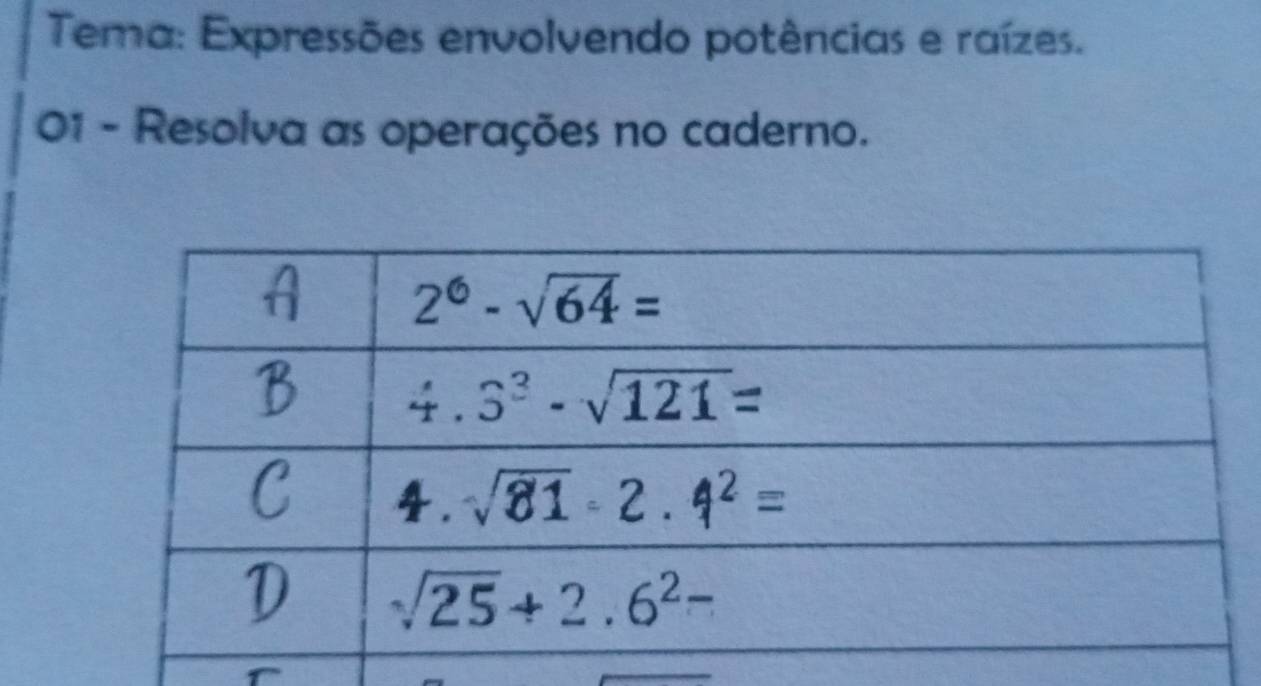 Tema: Expressões envolvendo potências e raízes.
01 - Resolva as operações no caderno.