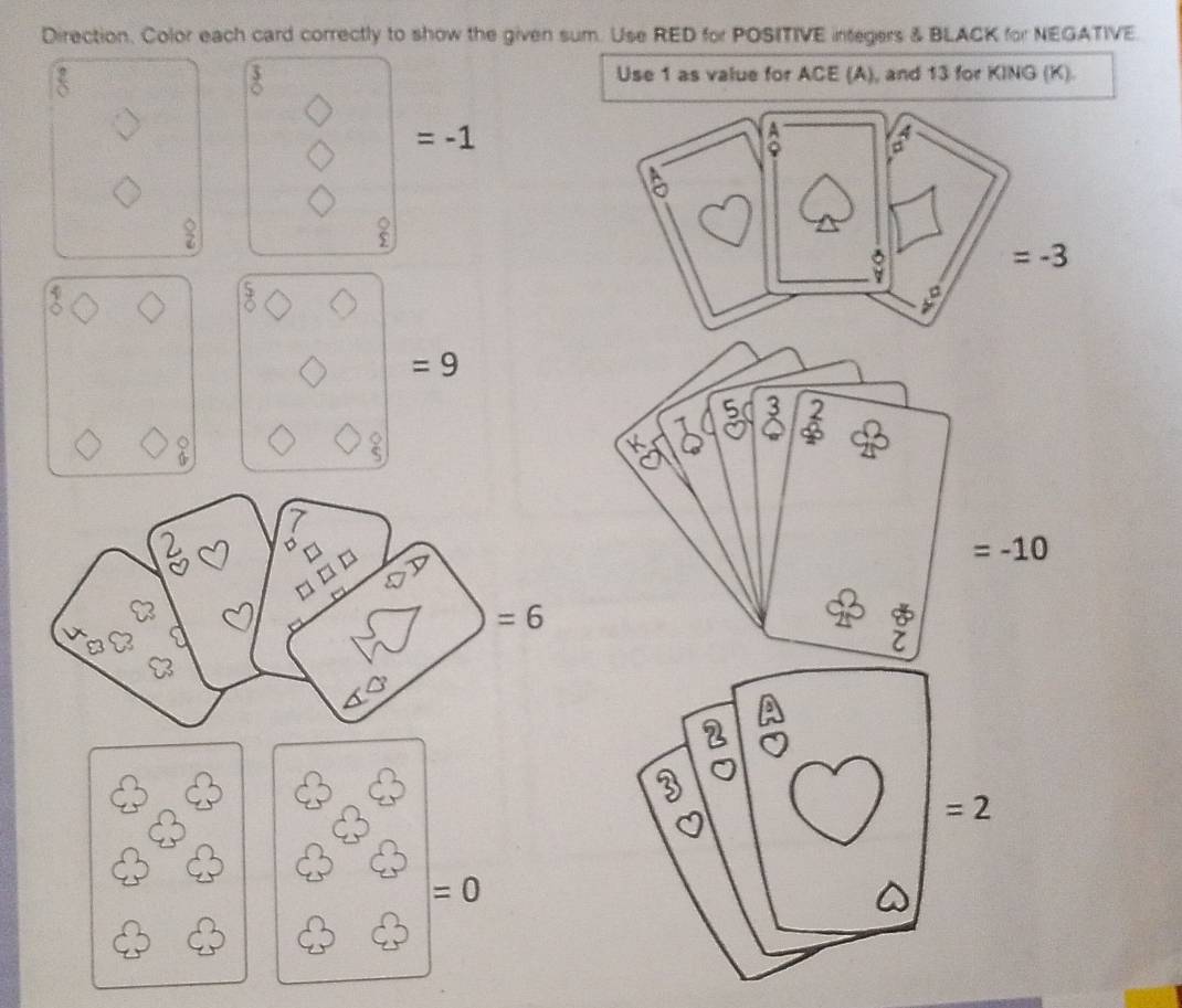 Direction, Color each card correctly to show the given sum. Use RED for POSITIVE infegers & BLACK for NEGATIVE.
Use 1 as value for ACE (A), and 13 for KING (K).
=-1
=9
2 e
=6
2
3
=2
=0