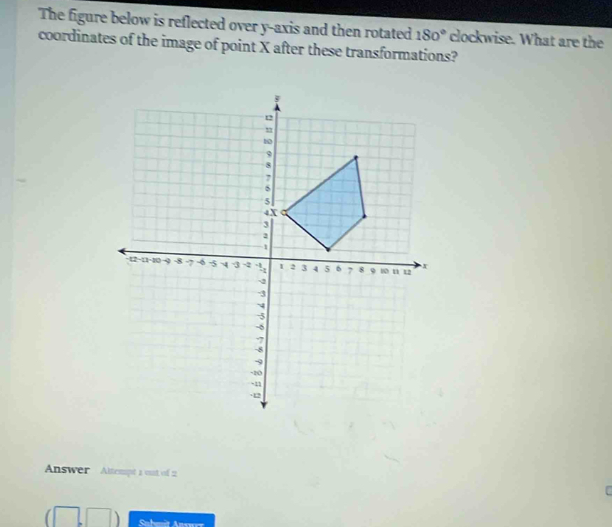 The figure below is reflected over y-axis and then rotated 180° clockwise. What are the 
coordinates of the image of point X after these transformations? 
Answer Altempt a vst of 
C 
Submit Answez