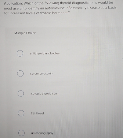 Application: Which of the following thyroid diagnostic tests would be
most useful to identify an autoimmune inflammatory disease as a basis
for increased levels of thyroid hormones?
Multiple Choice
antithyroid antibodies
serum calcitonin
isotopic thyroid scan
TSH level
ultrasonography