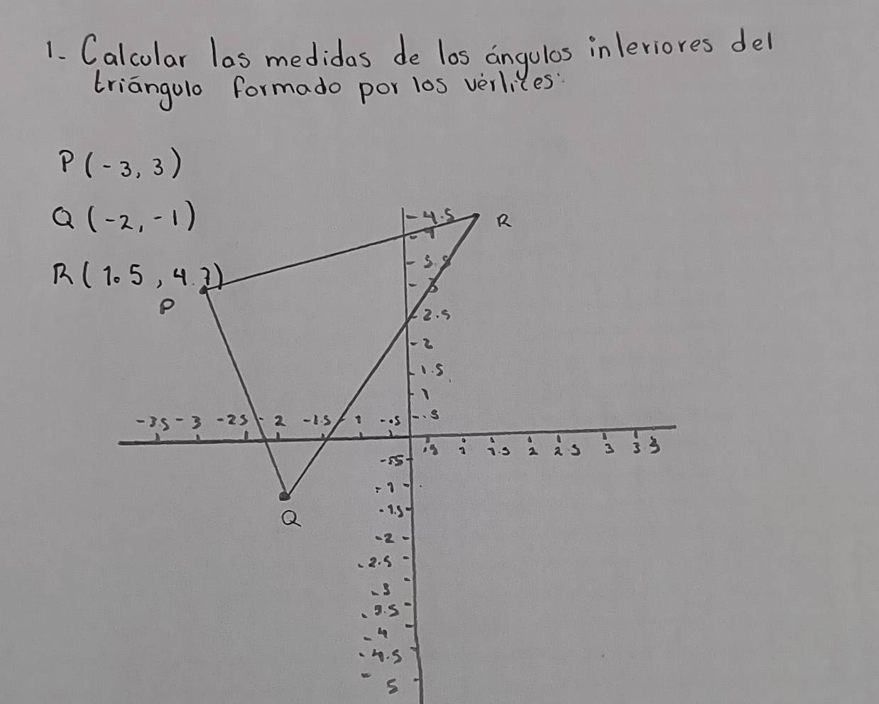 Calcolar las medidas de los angulos inleriores del
triangolo formado por los verl es
P(-3,3)
s