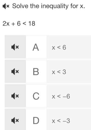 Solve the inequality for x.
2x+6<18</tex>
