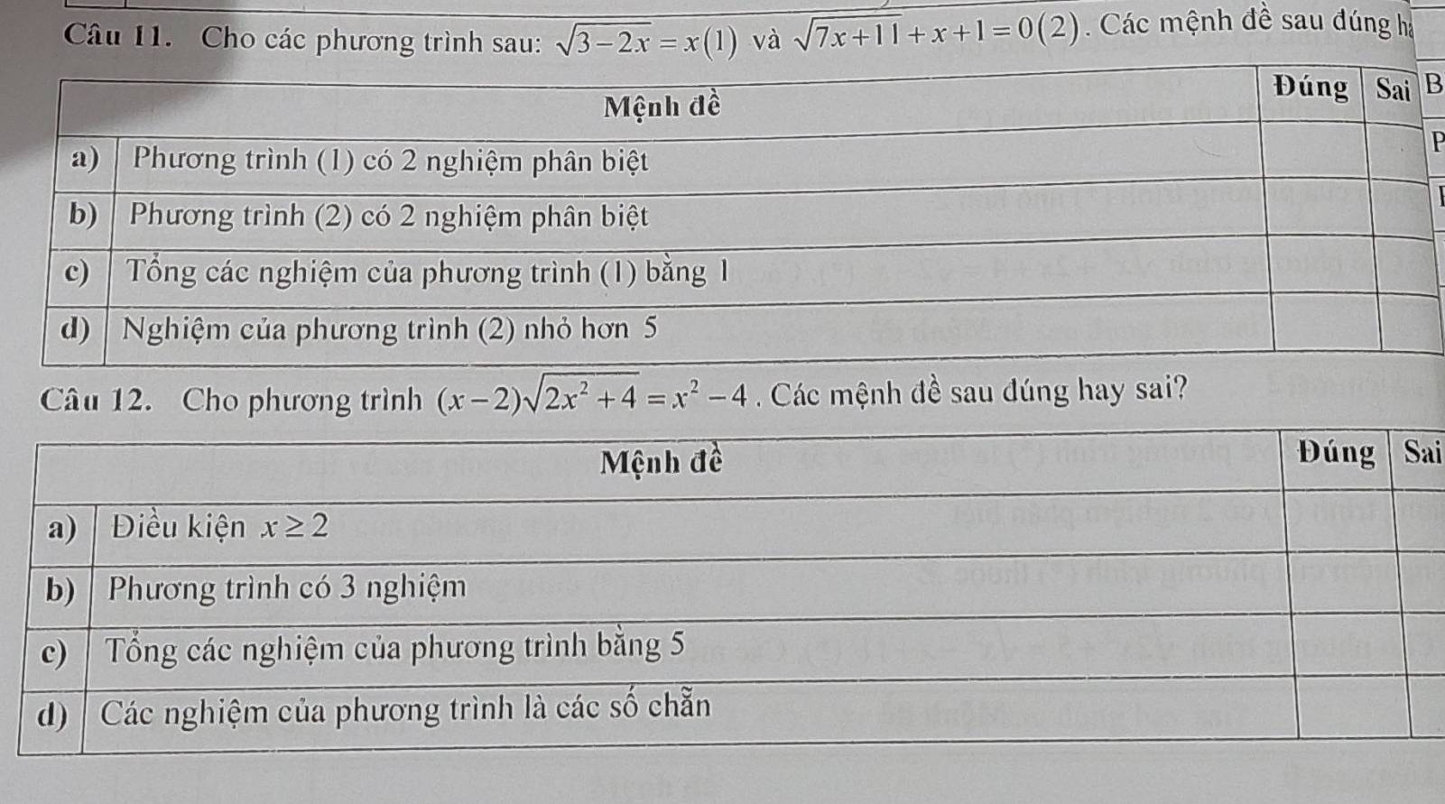 Cho các phương trình sau: sqrt(3-2x)=x(1) và sqrt(7x+11)+x+1=0(2). Các mệnh đề sau đúng hà
B
P
Câu 12. Cho phương trình (x-2)sqrt(2x^2+4)=x^2-4 Các mệnh đề sau đúng hay sai?
ai