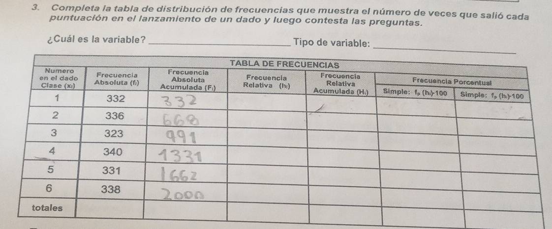 Completa la tabla de distribución de frecuencias que muestra el número de veces que salió cada
puntuación en el lanzamiento de un dado y luego contesta las preguntas.
¿Cuál es la variable? _Tipo de variable: