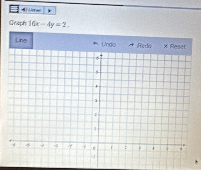 Liston 
Graph 16x-4y=2. 
Line 
Undo