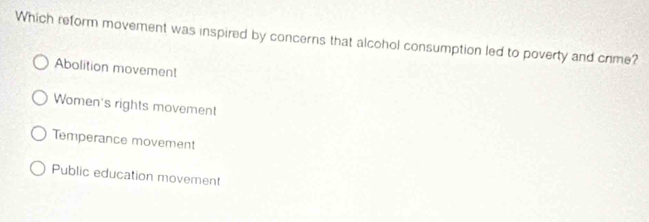 Which reform movement was inspired by concerns that alcohol consumption led to poverty and crime?
Abolition movement
Women's rights movement
Temperance movement
Public education movement