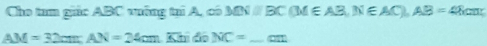 Cho tum giác ABC vuống tạí A, có MNparallel BC(M∈ AB, N∈ AC), AB=48cm%
AM=32cm; AN=24cm Khi đo NC= _