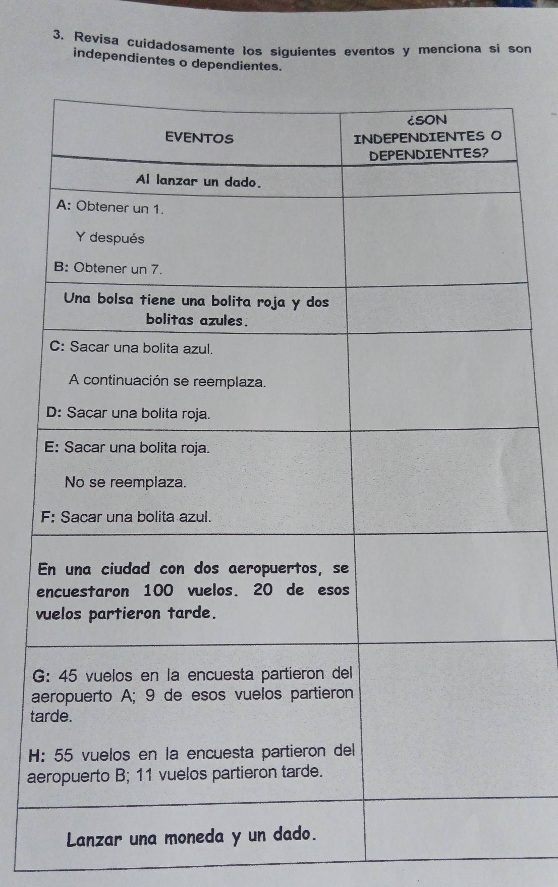 Revisa cuidadosamente los siguientes eventos y menciona si son 
independientes o dependientes. 
e 
v 
G 
a 
ta 
H 
ae