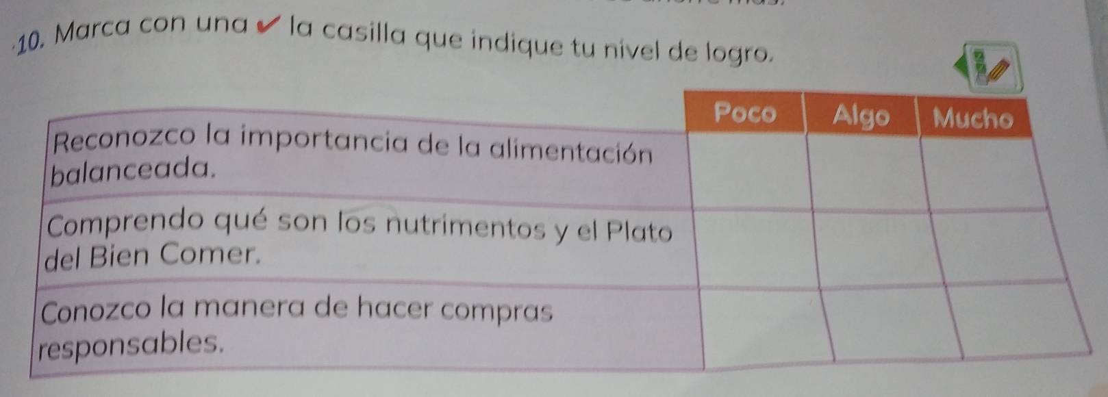 ·10. Marca con una ✔ la casilla que indique tu nivel de logro.