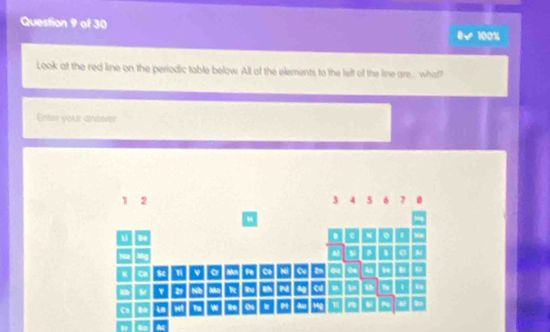 100%
Look at the red line on the periodic table below. All of the elements to the left of the line are... what 
Erder your anower
3 4 5 6
u 
. e 。 . No 
Na Ng a B 、 σ M 
Ca $c ν a Fe Co Mi 02 A B 
St Nb Mo R Rh N cd We 
Tu w Re 0 H