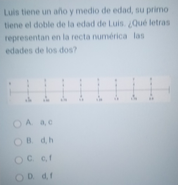 Luis tiene un año y medio de edad, su primo
tiene el doble de la edad de Luis. ¿Qué letras
representan en la recta numérica las
edades de los dos?
,;, “ “ ∴ ∴ ∴
A. a, c
B. d, h
C. c, f
D. d, f