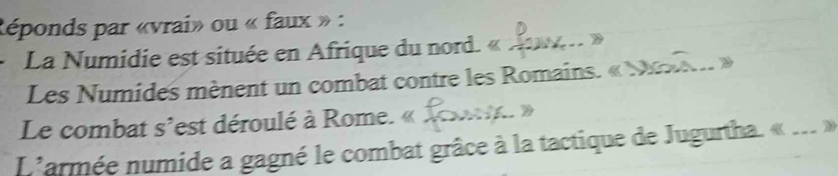 Réponds par «vrai» ou « faux » : 
La Numidie est située en Afrique du nord. 《 
Les Numides mènent un combat contre les Romains. « » 
D 
Le combat s'est déroulé à Rome. « 
》 
L'armée numide a gagné le combat grâce à la tactique de Jugurtha. «