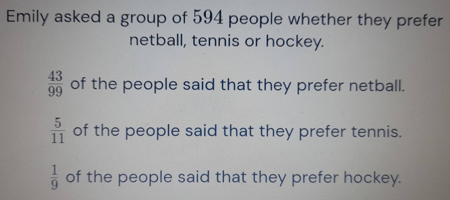 Solved: Emily asked a group of 594 people whether they prefer netball ...
