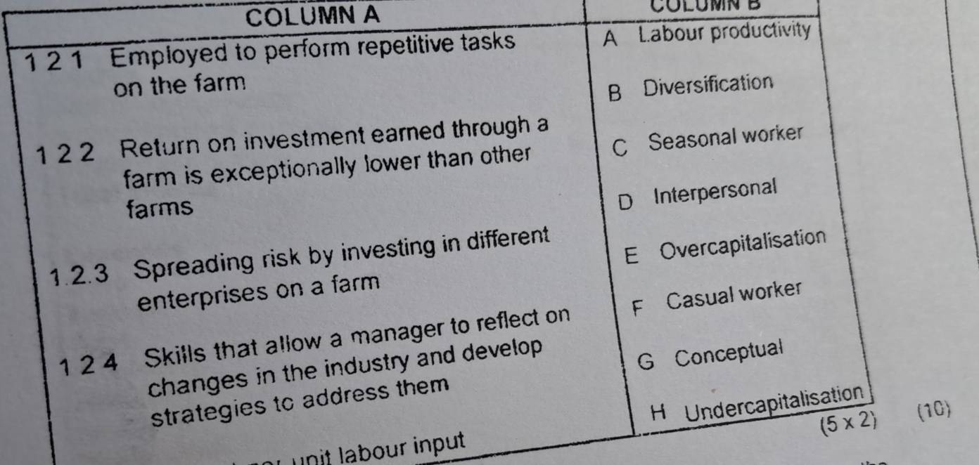 COLUMN A COLUMN B
unit labour input