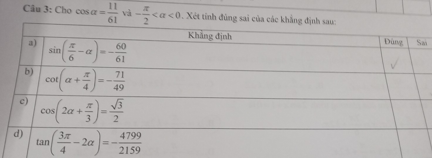 Cho cos alpha = 11/61  và - π /2  <0</tex> . Xét tính đú
i