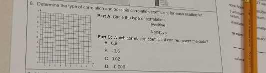 DT ca
nom hom shude
6. Determine the type of correlation and possible correlation coefficient for each scatterplot. Y880%. rear
`1
s amoun ?
Part A: Circle the type of correlation.
ag llab i imallo
Positive ;
Negative :
Tê cáng ersor
_
Part B: Which correlation coefficient can represent the data? :
A. 0.9
B. -0.6
_
C. 0.02
D. -0.006