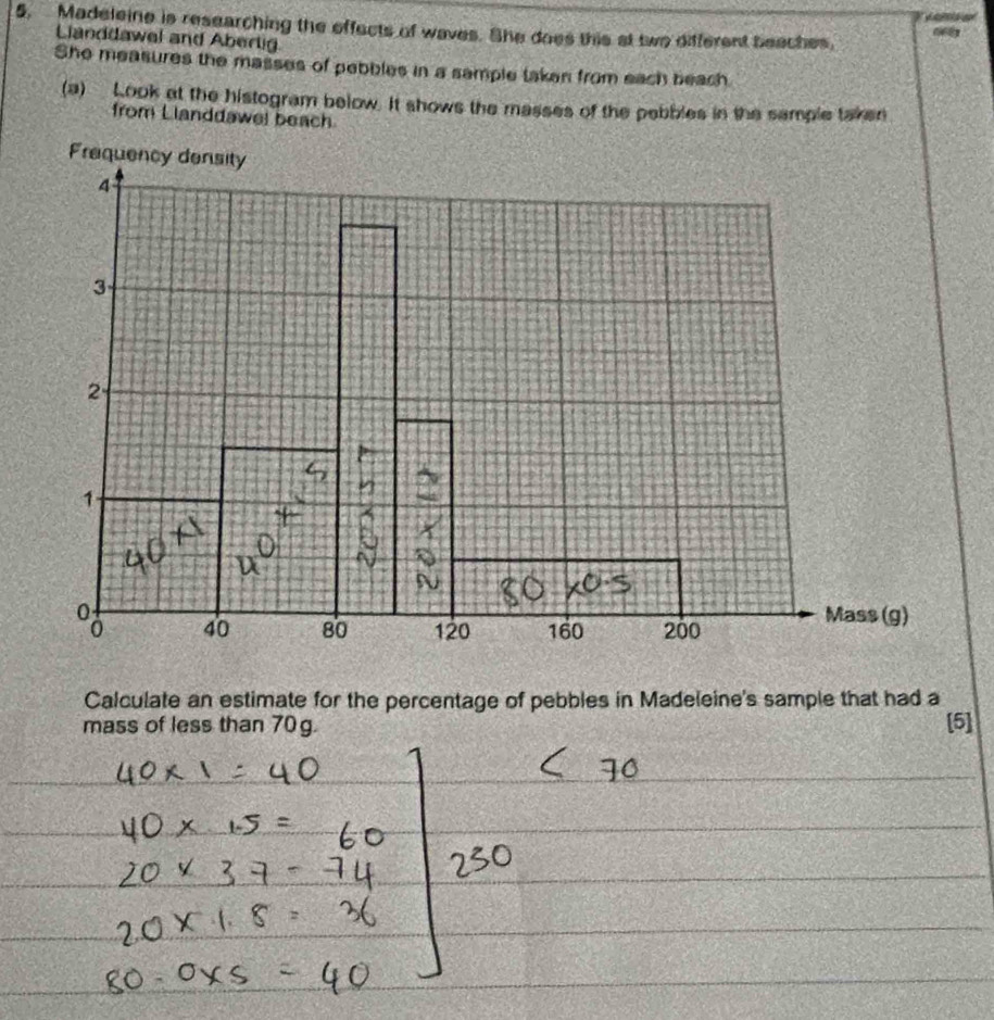Madeleine is researching the effects of waves. She does this at two different beaches, 
6 
Landdawel and Aberlig 
She measures the masses of pebbles in a sample taken from each beach 
(a) Look at the histogram below. It shows the masses of the pebbles in the sample taken 
from Llanddawel beach 
Calculate an estimate for the percentage of pebbles in Madeleine's sample that had a 
mass of less than 70g. [5]