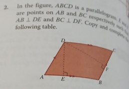 are points on
AB⊥ DE and BC⊥ DF
2. In the figure, ABCD is a parallelogram. E , Copy and comples
C respectively suc . 
following table.