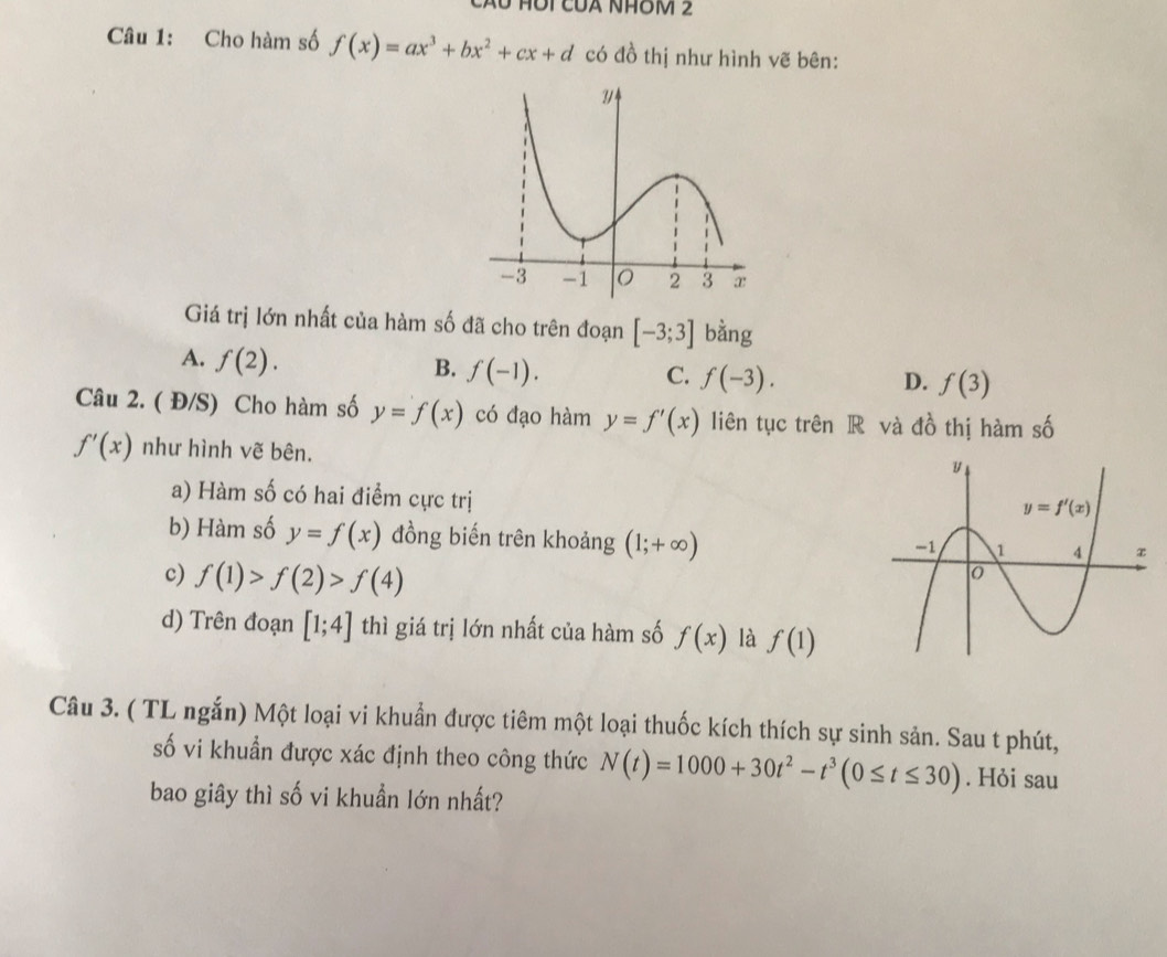 Cãu Hồi CủA NhOM 2
Câu 1: Cho hàm số f(x)=ax^3+bx^2+cx+d có đồ thị như hình vẽ bên:
Giá trị lớn nhất của hàm số đã cho trên đoạn [-3;3] bằng
A. f(2).
B. f(-1). C. f(-3). f(3)
D.
Câu 2. ( Đ/S) Cho hàm số y=f(x) có đạo hàm y=f'(x) liên tục trên R và đồ thị hàm số
f'(x) như hình vẽ bên.
a) Hàm số có hai điểm cực trị
b) Hàm số y=f(x) đồng biến trên khoảng (1;+∈fty )
c) f(1)>f(2)>f(4)
d) Trên đoạn [1;4] thì giá trị lớn nhất của hàm số f(x) là f(1)
Câu 3. ( TL ngắn) Một loại vi khuẩn được tiêm một loại thuốc kích thích sự sinh sản. Sau t phút,
số vi khuẩn được xác định theo công thức N(t)=1000+30t^2-t^3(0≤ t≤ 30). Hỏi sau
bao giây thì số vi khuẩn lớn nhất?